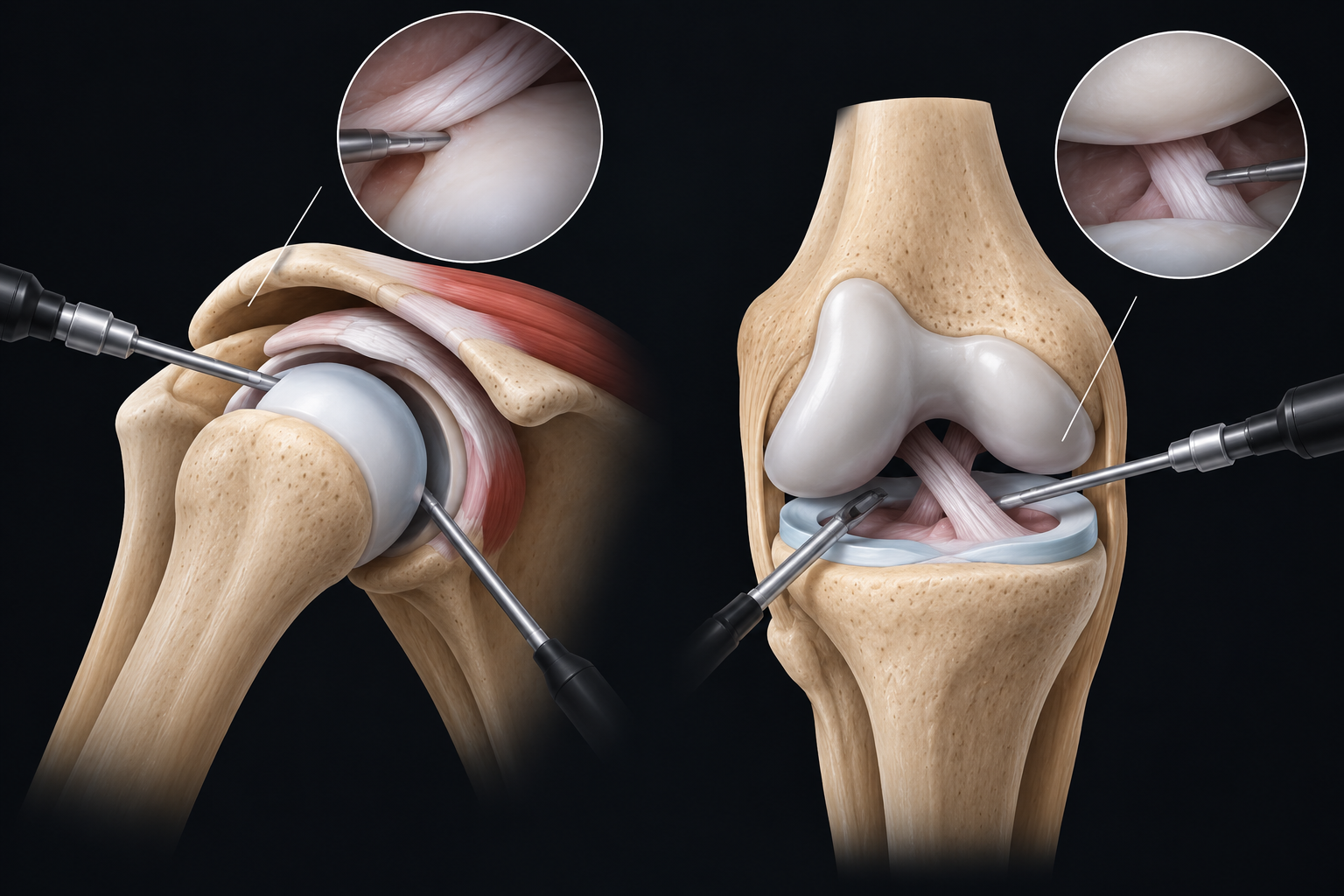 Illustration of arthroscopic surgery on the shoulder and knee